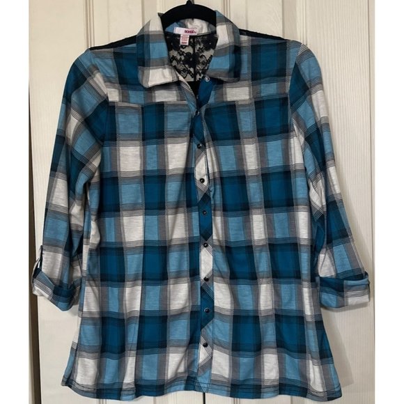 Women Bongo Brand Blouse Blue Plaid w/Lacey Back Polyester Blend Junior Size M - Picture 14 of 16